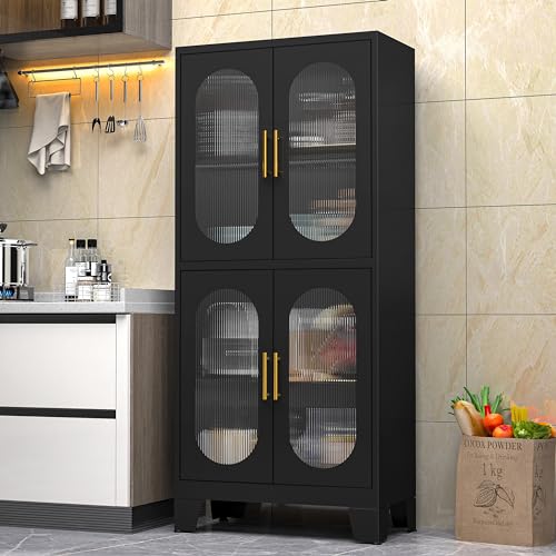winiowa 61" Metal Pantry Cabinet, Kitchen Storage Cabinets with Acrylic Glass Doors and Adjustable Shelves, Black Cupboard for Bathroom, Laundry, Living Room, Dinning Room, Home Office