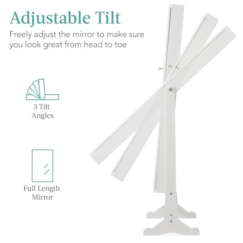 Best Choice Products Freestanding Jewelry Armoire Cabinet, Full Length Standing Mirror, Lockable Makeup Storage Organizer, w/Velvet Lining, 3 Angles, Lock, Accessory Pouch, 5 Shelves - White