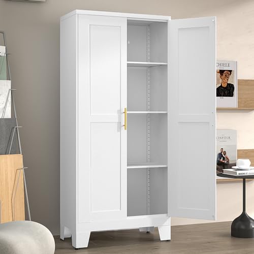 winiowa Metal Pantry Cabinet with 2 Doors and Adjustable Shelves, 61"Kitchen Storage cabinets with Gold Handles, Versatile Storage for Laundry Room,Living Room,Bathroom,Dinning Room,Utility Room-White