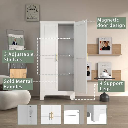winiowa Metal Pantry Cabinet with 2 Doors and Adjustable Shelves, 61"Kitchen Storage cabinets with Gold Handles, Versatile Storage for Laundry Room,Living Room,Bathroom,Dinning Room,Utility Room-White