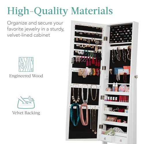 Best Choice Products Freestanding Jewelry Armoire Cabinet, Full Length Standing Mirror, Lockable Makeup Storage Organizer, w/Velvet Lining, 3 Angles, Lock, Accessory Pouch, 5 Shelves - White