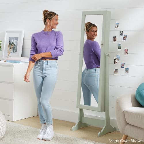 Best Choice Products Freestanding Jewelry Armoire Cabinet, Full Length Standing Mirror, Lockable Makeup Storage Organizer, w/Velvet Lining, 3 Angles, Lock, Accessory Pouch, 5 Shelves - White