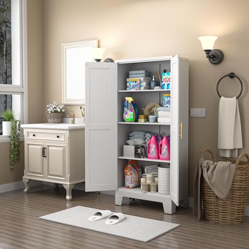 winiowa Metal Pantry Cabinet with 2 Doors and Adjustable Shelves, 61"Kitchen Storage cabinets with Gold Handles, Versatile Storage for Laundry Room,Living Room,Bathroom,Dinning Room,Utility Room-White