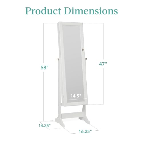 Best Choice Products Freestanding Jewelry Armoire Cabinet, Full Length Standing Mirror, Lockable Makeup Storage Organizer, w/Velvet Lining, 3 Angles, Lock, Accessory Pouch, 5 Shelves - White