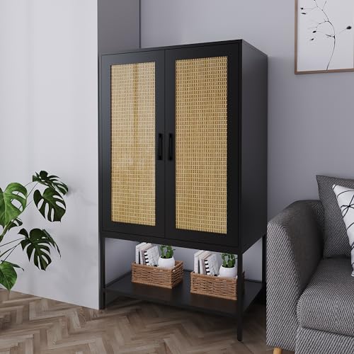 BOCVKENN Wardrobe Closet,Rattan Bedroom Armoires with 2 Doors,Wooden Wardrobe Cabinet with Shelves and Hanging Rod for Clothes,Black