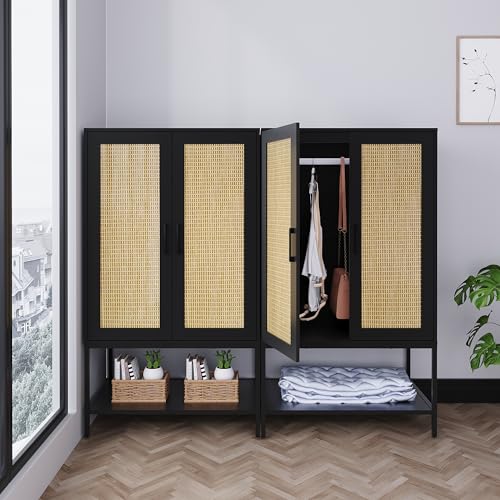 BOCVKENN Wardrobe Closet,Rattan Bedroom Armoires with 2 Doors,Wooden Wardrobe Cabinet with Shelves and Hanging Rod for Clothes,Black
