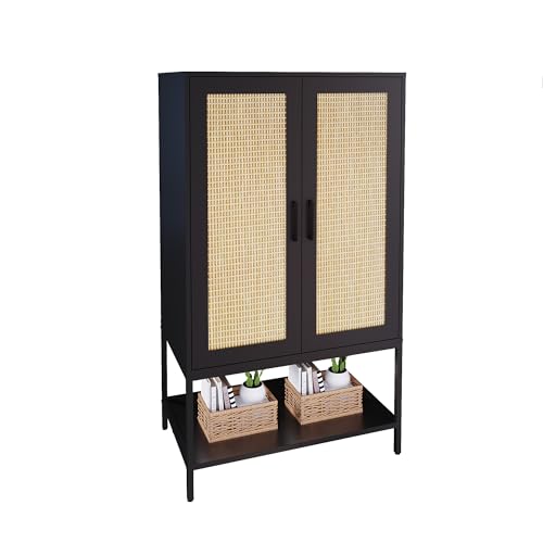 BOCVKENN Wardrobe Closet,Rattan Bedroom Armoires with 2 Doors,Wooden Wardrobe Cabinet with Shelves and Hanging Rod for Clothes,Black