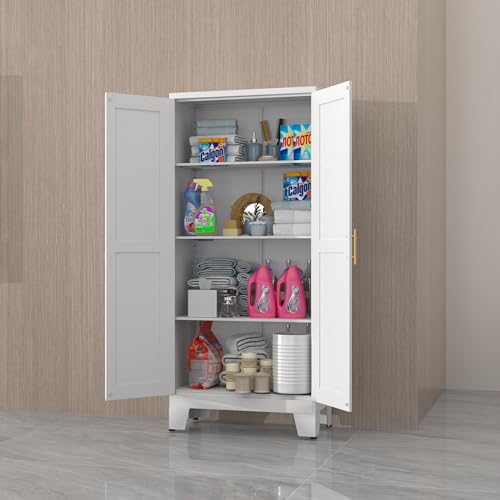 winiowa Metal Pantry Cabinet with 2 Doors and Adjustable Shelves, 61"Kitchen Storage cabinets with Gold Handles, Versatile Storage for Laundry Room,Living Room,Bathroom,Dinning Room,Utility Room-White