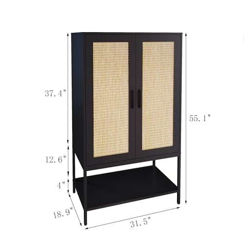 BOCVKENN Wardrobe Closet,Rattan Bedroom Armoires with 2 Doors,Wooden Wardrobe Cabinet with Shelves and Hanging Rod for Clothes,Black