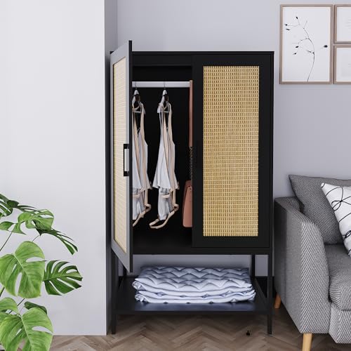 BOCVKENN Wardrobe Closet,Rattan Bedroom Armoires with 2 Doors,Wooden Wardrobe Cabinet with Shelves and Hanging Rod for Clothes,Black