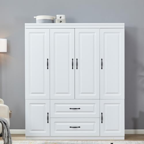 ModMakers 74" H Closet Wardrobe with 4 Doors 2 Drawers White Armoire Wardrobe Closets Freestanding Bedroom Armoires Wardrobe Cabinet with Hanging Rod Large Wooden Clothes Storage Closets