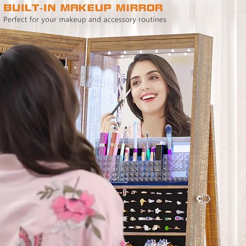 Lvifur 360° Rotating 64'' Jewelry Armoire with 6 LEDS, Full Length Mirror Large Capacity Jewelry Organizer Armoire, Lockable Floor Standing Mirror with 4 rollers for Bedroom, Cloakroom