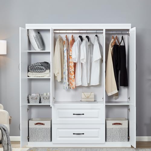 ModMakers 74" H Closet Wardrobe with 4 Doors 2 Drawers White Armoire Wardrobe Closets Freestanding Bedroom Armoires Wardrobe Cabinet with Hanging Rod Large Wooden Clothes Storage Closets