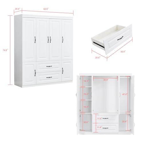 ModMakers 74" H Closet Wardrobe with 4 Doors 2 Drawers White Armoire Wardrobe Closets Freestanding Bedroom Armoires Wardrobe Cabinet with Hanging Rod Large Wooden Clothes Storage Closets