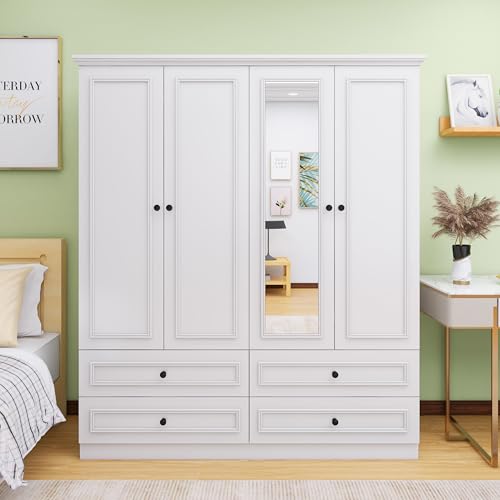 Sophshelter Tall Wooden Armoire Wardrobe Closet White Mirror with 4 Doors, 2 Hanging Rods, 4 Drawers, Clothes Cabinet Large Storage Capacity for Bedroom Armoire