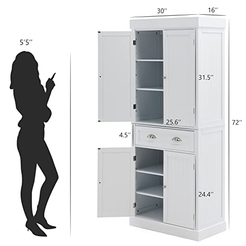 Squireewo 72" Freestanding Kitchen Pantry Storage Cabinet with Doors and Adjustable Shelves,Storage Cupboard with Large Drawer for Kitchen,Bathroom or Hallway,White