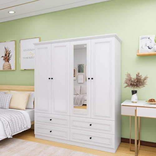 Sophshelter Tall Wooden Armoire Wardrobe Closet White Mirror with 4 Doors, 2 Hanging Rods, 4 Drawers, Clothes Cabinet Large Storage Capacity for Bedroom Armoire