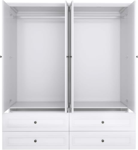 Sophshelter Tall Wooden Armoire Wardrobe Closet White Mirror with 4 Doors, 2 Hanging Rods, 4 Drawers, Clothes Cabinet Large Storage Capacity for Bedroom Armoire
