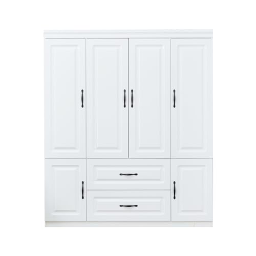 ModMakers 74" H Closet Wardrobe with 4 Doors 2 Drawers White Armoire Wardrobe Closets Freestanding Bedroom Armoires Wardrobe Cabinet with Hanging Rod Large Wooden Clothes Storage Closets