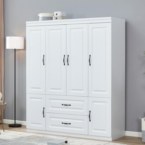 ModMakers 74" H Closet Wardrobe with 4 Doors 2 Drawers White Armoire Wardrobe Closets Freestanding Bedroom Armoires Wardrobe Cabinet with Hanging Rod Large Wooden Clothes Storage Closets