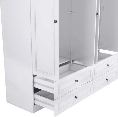 Sophshelter Tall Wooden Armoire Wardrobe Closet White Mirror with 4 Doors, 2 Hanging Rods, 4 Drawers, Clothes Cabinet Large Storage Capacity for Bedroom Armoire