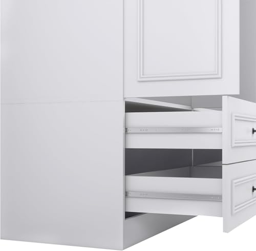 Sophshelter Tall Wooden Armoire Wardrobe Closet White Mirror with 4 Doors, 2 Hanging Rods, 4 Drawers, Clothes Cabinet Large Storage Capacity for Bedroom Armoire