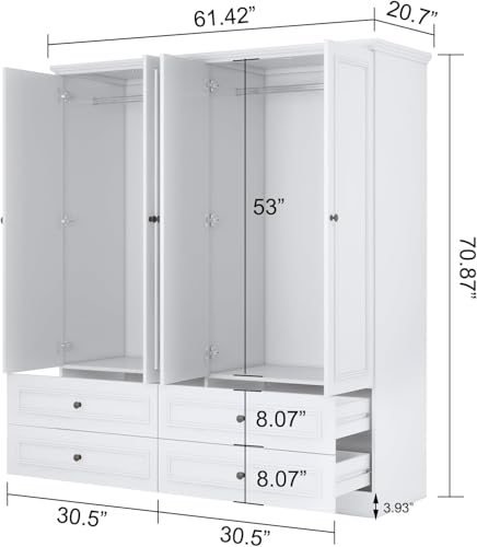 Sophshelter Tall Wooden Armoire Wardrobe Closet White Mirror with 4 Doors, 2 Hanging Rods, 4 Drawers, Clothes Cabinet Large Storage Capacity for Bedroom Armoire