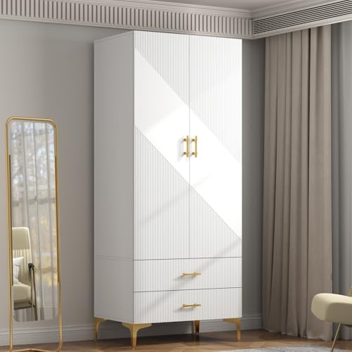vinform Wardrobe Armoire with 2 Drawers, 2 Doors and Hanging Rods, Twill Wooden Closet Storage with Metal Cabinet Legs, White 20.4" D x 31.5" W x 76.77" H (Right Modern)