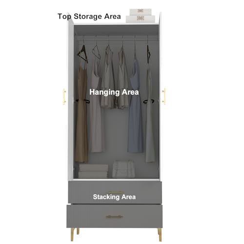vinform Wardrobe Armoire with 2 Drawers, 2 Doors and Hanging Rods, Twill Wooden Closet Storage with Metal Cabinet Legs, White 20.4" D x 31.5" W x 76.77" H (Right Modern)