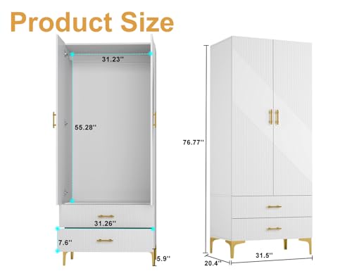 vinform Wardrobe Armoire with 2 Drawers, 2 Doors and Hanging Rods, Twill Wooden Closet Storage with Metal Cabinet Legs, White 20.4" D x 31.5" W x 76.77" H (Right Modern)