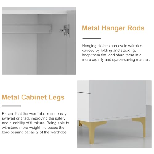 vinform Wardrobe Armoire with 2 Drawers, 2 Doors and Hanging Rods, Twill Wooden Closet Storage with Metal Cabinet Legs, White 20.4" D x 31.5" W x 76.77" H (Right Modern)
