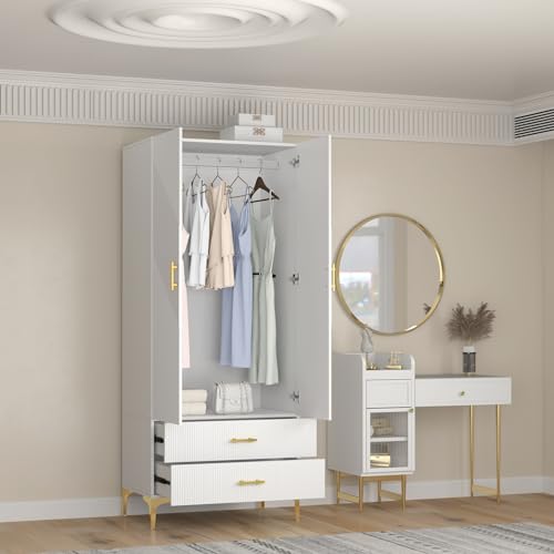 vinform Wardrobe Armoire with 2 Drawers, 2 Doors and Hanging Rods, Twill Wooden Closet Storage with Metal Cabinet Legs, White 20.4" D x 31.5" W x 76.77" H (Right Modern)
