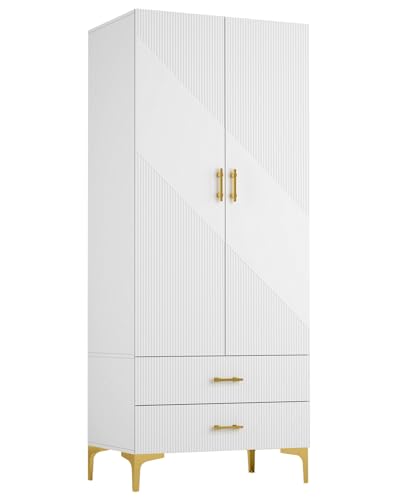 vinform Wardrobe Armoire with 2 Drawers, 2 Doors and Hanging Rods, Twill Wooden Closet Storage with Metal Cabinet Legs, White 20.4" D x 31.5" W x 76.77" H (Right Modern)