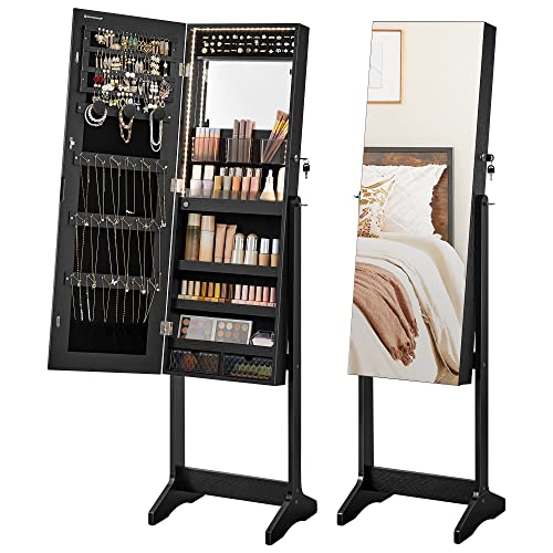 SONGMICS Mirror Jewelry Cabinet Standing Armoire Organizer, Jewelry Storage with Full-Length Frameless LED Lights, Built-in Makeup Mirror, 2 Drawers, Lockable, Black UJJC023B01