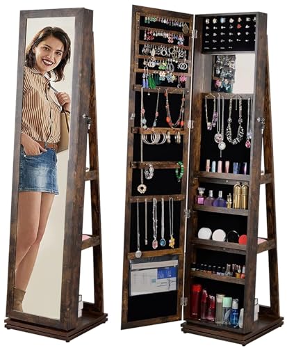 BOSTANA Jewelry Armoire 65" H,Full Length Mirror 360° Swivel, Storage Shelves, Lockable Standing Jewelry Cabinet Organizer with Large Storage Capacity,living room,bedroom(Rustic Brown)