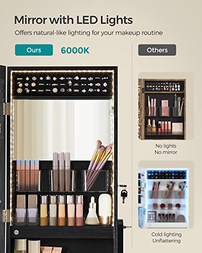 SONGMICS Mirror Jewelry Cabinet Standing Armoire Organizer, Jewelry Storage with Full-Length Frameless LED Lights, Built-in Makeup Mirror, 2 Drawers, Lockable, Black UJJC023B01