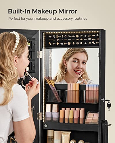 SONGMICS Mirror Jewelry Cabinet Standing Armoire Organizer, Jewelry Storage with Full-Length Frameless LED Lights, Built-in Makeup Mirror, 2 Drawers, Lockable, Black UJJC023B01