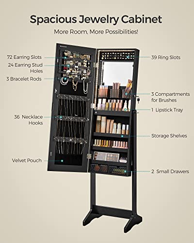 SONGMICS Mirror Jewelry Cabinet Standing Armoire Organizer, Jewelry Storage with Full-Length Frameless LED Lights, Built-in Makeup Mirror, 2 Drawers, Lockable, Black UJJC023B01