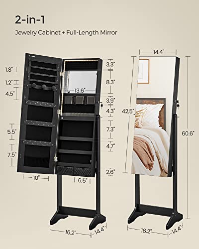 SONGMICS Mirror Jewelry Cabinet Standing Armoire Organizer, Jewelry Storage with Full-Length Frameless LED Lights, Built-in Makeup Mirror, 2 Drawers, Lockable, Black UJJC023B01