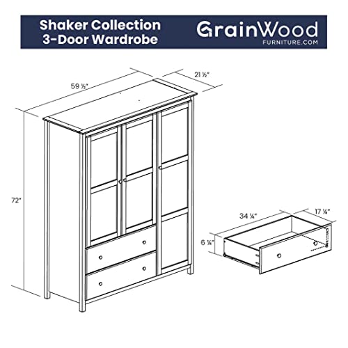 Grain Wood Furniture Shaker 3-Door Wardrobe, Solid Wood with a Walnut Finish