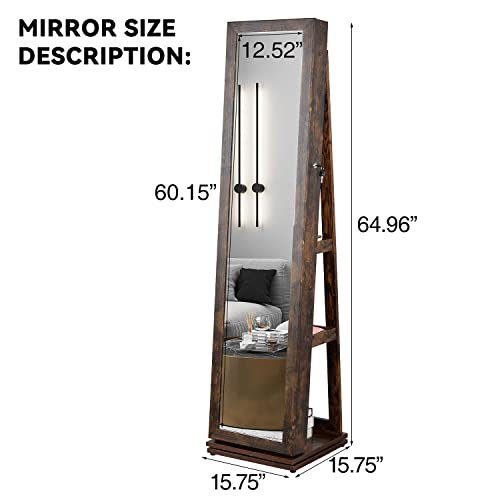 BOSTANA Jewelry Armoire 65" H,Full Length Mirror 360° Swivel, Storage Shelves, Lockable Standing Jewelry Cabinet Organizer with Large Storage Capacity,living room,bedroom(Rustic Brown)