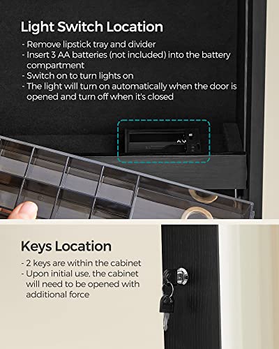 SONGMICS Mirror Jewelry Cabinet Standing Armoire Organizer, Jewelry Storage with Full-Length Frameless LED Lights, Built-in Makeup Mirror, 2 Drawers, Lockable, Black UJJC023B01