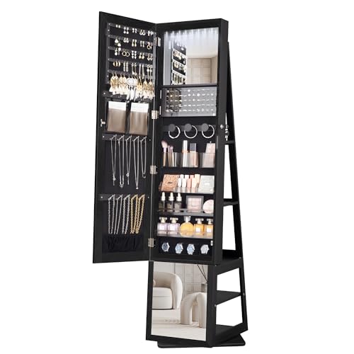 Hzuaneri 16 LEDs Jewelry Cabinet Armoire with 360° Rotating Base, 63" Standing Jewelry Organizer, Lockable Full-length Mirror, 4-tier Storage Shelves, 4-in-1 Multifunctional, Black JC16004B