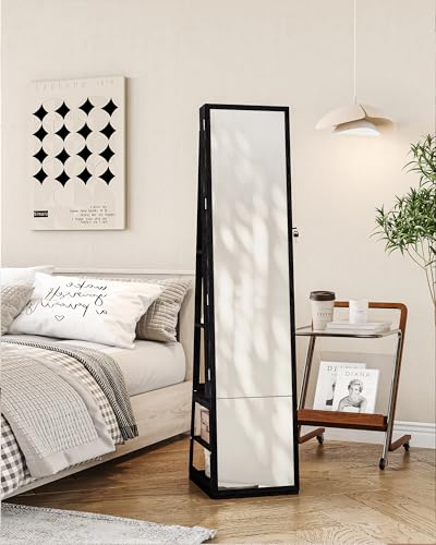 Hzuaneri 16 LEDs Jewelry Cabinet Armoire with 360° Rotating Base, 63" Standing Jewelry Organizer, Lockable Full-length Mirror, 4-tier Storage Shelves, 4-in-1 Multifunctional, Black JC16004B