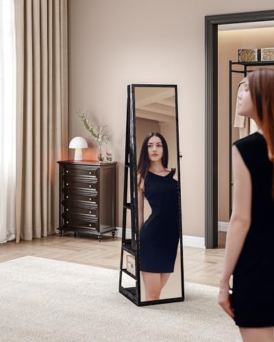 Hzuaneri 16 LEDs Jewelry Cabinet Armoire with 360° Rotating Base, 63" Standing Jewelry Organizer, Lockable Full-length Mirror, 4-tier Storage Shelves, 4-in-1 Multifunctional, Black JC16004B