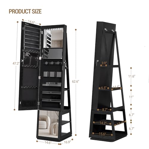 Hzuaneri 16 LEDs Jewelry Cabinet Armoire with 360° Rotating Base, 63" Standing Jewelry Organizer, Lockable Full-length Mirror, 4-tier Storage Shelves, 4-in-1 Multifunctional, Black JC16004B