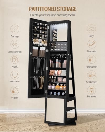 Hzuaneri 16 LEDs Jewelry Cabinet Armoire with 360° Rotating Base, 63" Standing Jewelry Organizer, Lockable Full-length Mirror, 4-tier Storage Shelves, 4-in-1 Multifunctional, Black JC16004B