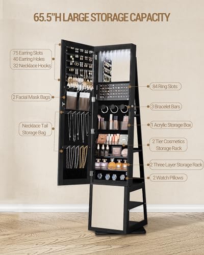 Hzuaneri 16 LEDs Jewelry Cabinet Armoire with 360° Rotating Base, 63" Standing Jewelry Organizer, Lockable Full-length Mirror, 4-tier Storage Shelves, 4-in-1 Multifunctional, Black JC16004B