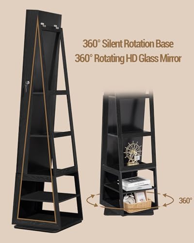 Hzuaneri 16 LEDs Jewelry Cabinet Armoire with 360° Rotating Base, 63" Standing Jewelry Organizer, Lockable Full-length Mirror, 4-tier Storage Shelves, 4-in-1 Multifunctional, Black JC16004B