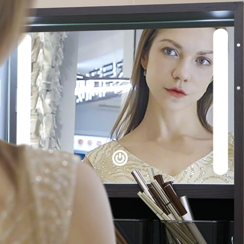 MASMIRE Rotating Jewelry Cabinet with Lockable,Full Length Mirror with Storage Large Capacity Jewelry Organizer Armoire Floor Standing Mirror with Back Storage Shelves for Bedroom Brown